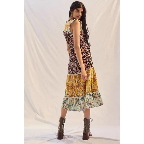 by Anthropologie Ruffled Floral Midi Dress Black Motif Boho Size Large H14101 - Picture 10 of 12